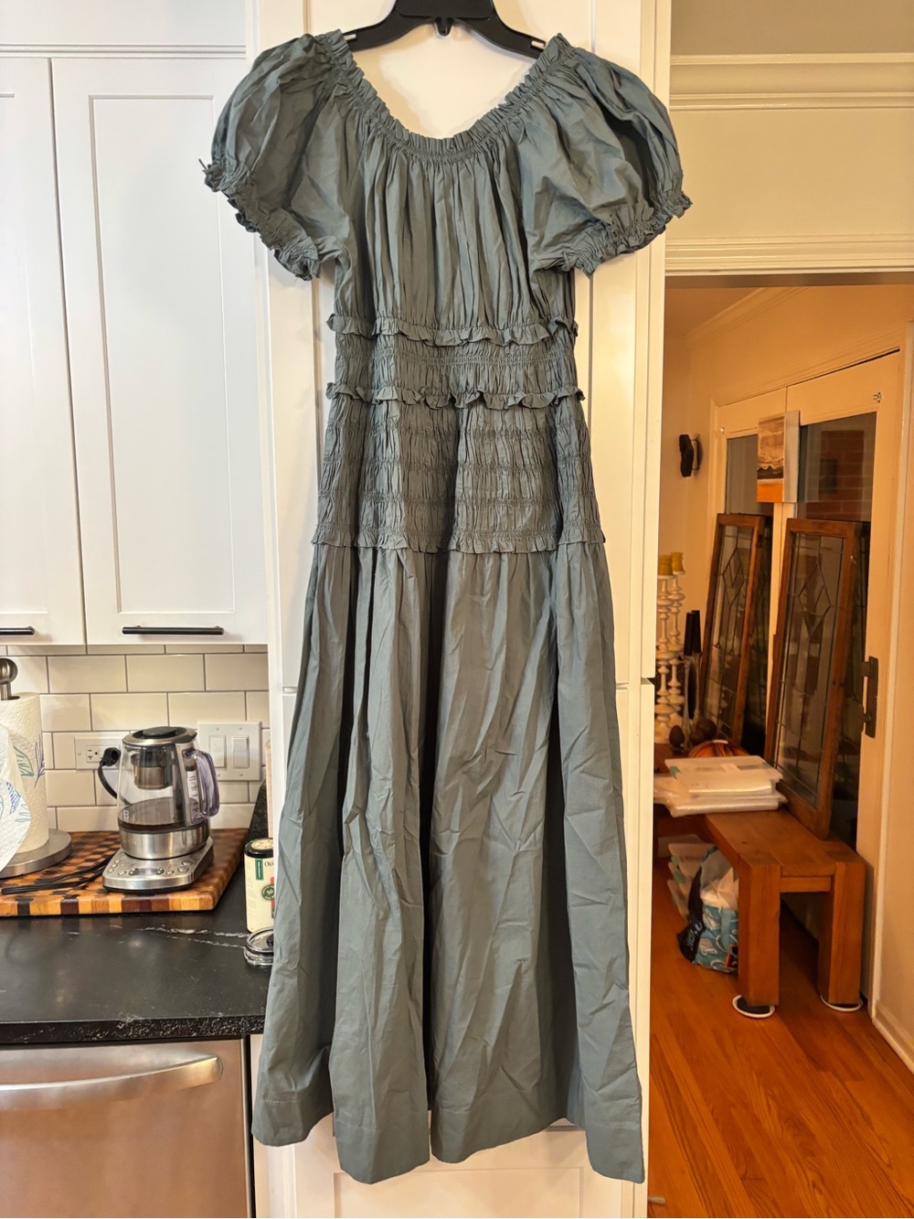 new Doen Leanne Smock Waist Tiered Organic Cotton Dress in Lagoon sea blue green - Picture 6 of 9